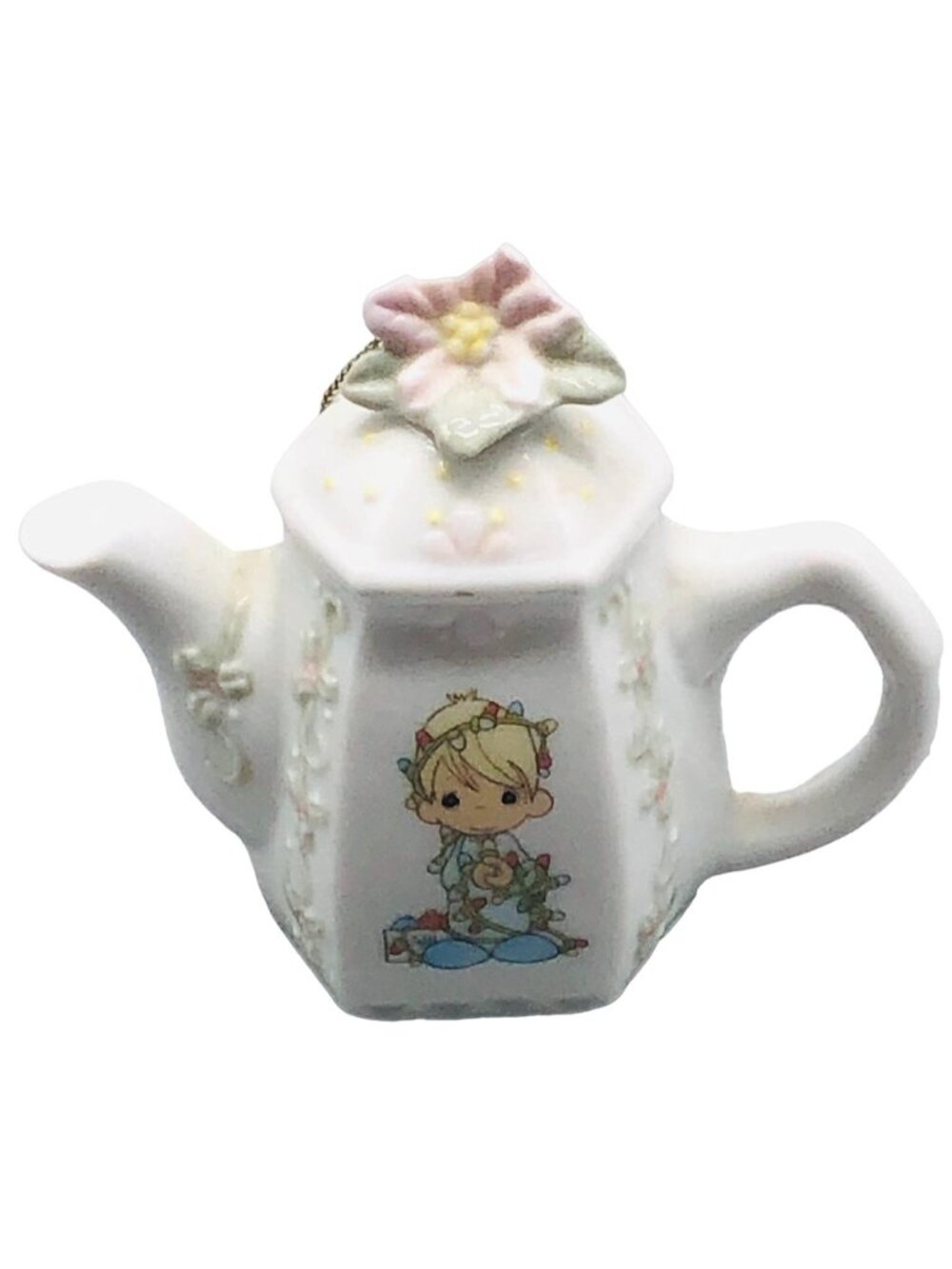 Precious Moments Holiday Christmas ornament of tea pot floral top 3.5x3.5" READ